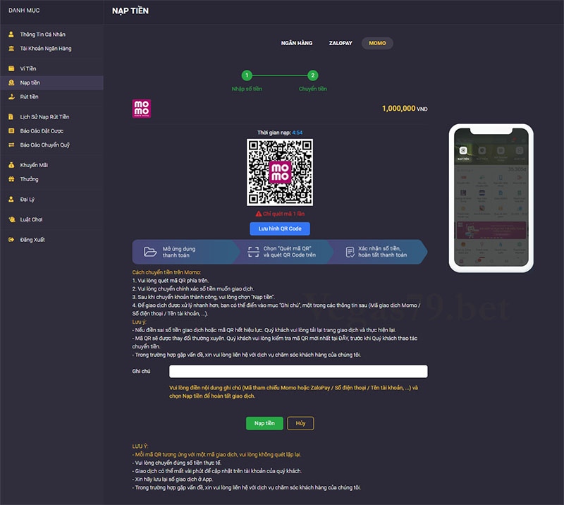 Nạp tiền Vegas79 qua ví điện tử Momo, Zalo pay