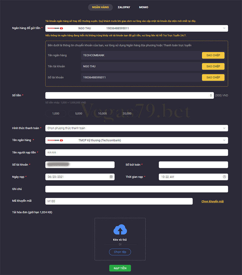 lấy thông tin nạp tiền vào tài khoản Vegas79